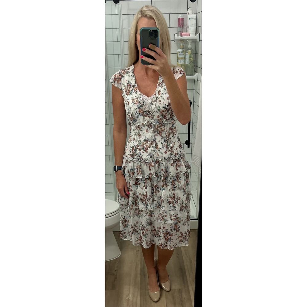 MARISSA WEBB Women's White Floral Ruffles Hourglass V-Neck Midi Dress Size 0 - Picture 15 of 15